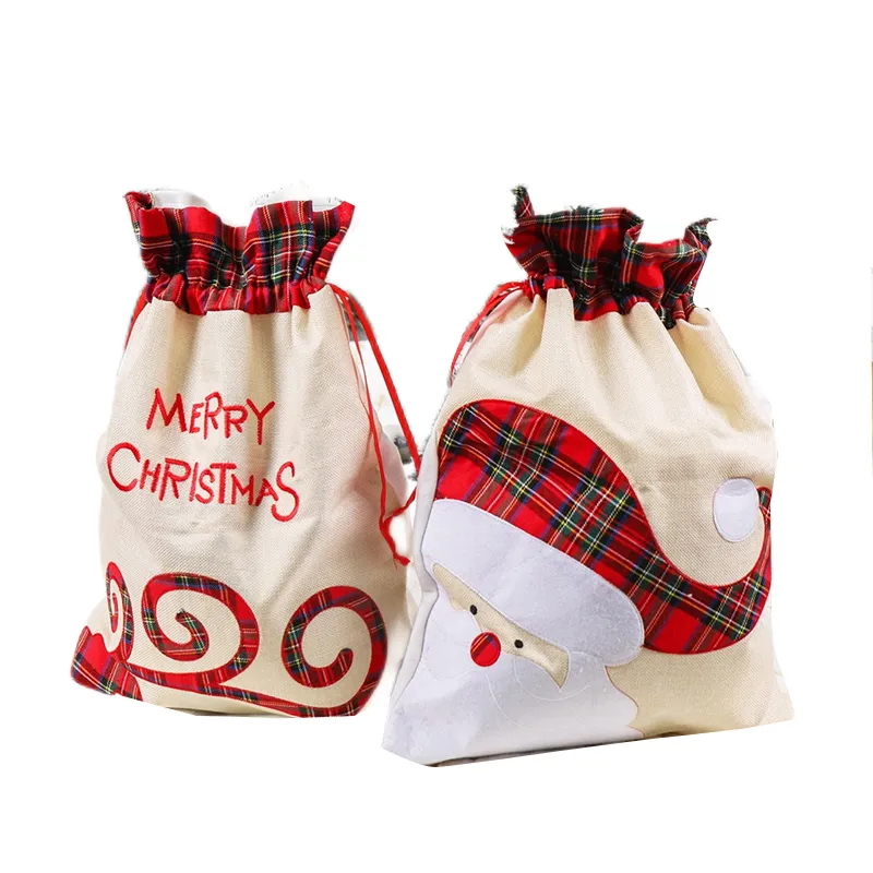Linnen Santa Sack Christmas Gift Bag Red Plaid Drawtring Tote Bags Festival Decoratie