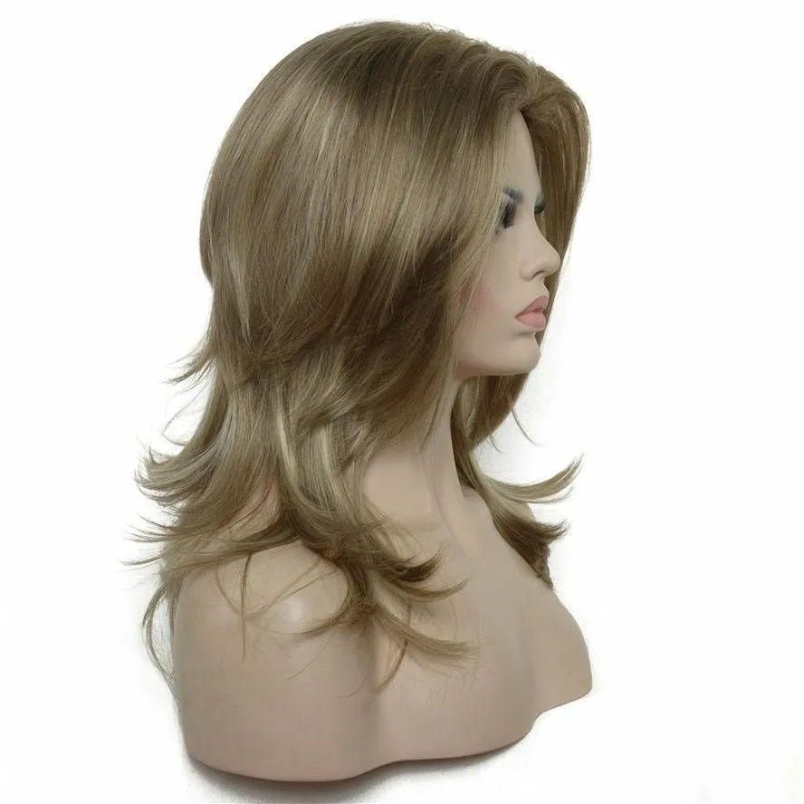 Long Straight Synthetic Layered Ash Brown Blonde Highlights Daily Women Hair wig