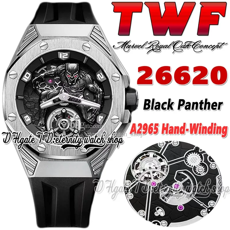 TWF tw26620 A2965 Orologio da uomo a carica manuale 42MM Tourbillon Cassa in acciaio al titanio Quadrante pantera nera 3D Cinturino in caucciù nero 2022 Orologi per l'eternità in edizione limitata