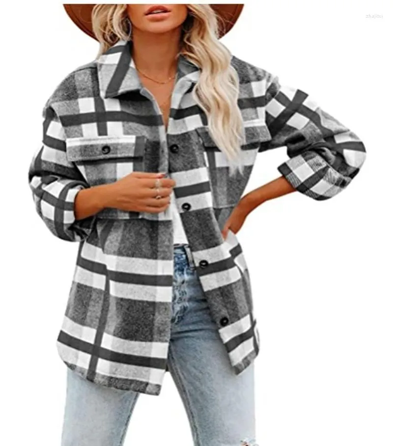 Dameswol Women's Blends Europa en de Verenigde Staten 2022 Autumn Winter Wollen Geplaid shirt Flanel Revers Button Jacks voor