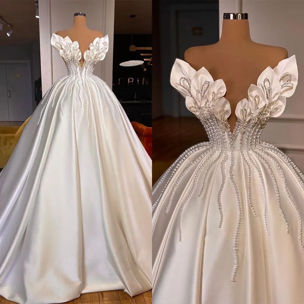 2023 Designer Brautkleider Brautkleid Ärmelloses Satin Perlen Perlen Rüschen Plus Size Maßgeschneiderte Vestido de Novia Bodenlänge