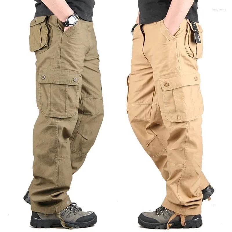 Herrbyxor män män last multi fickor militär taktisk outwear streetwear armé raka slacks avslappnade långa byxor 44