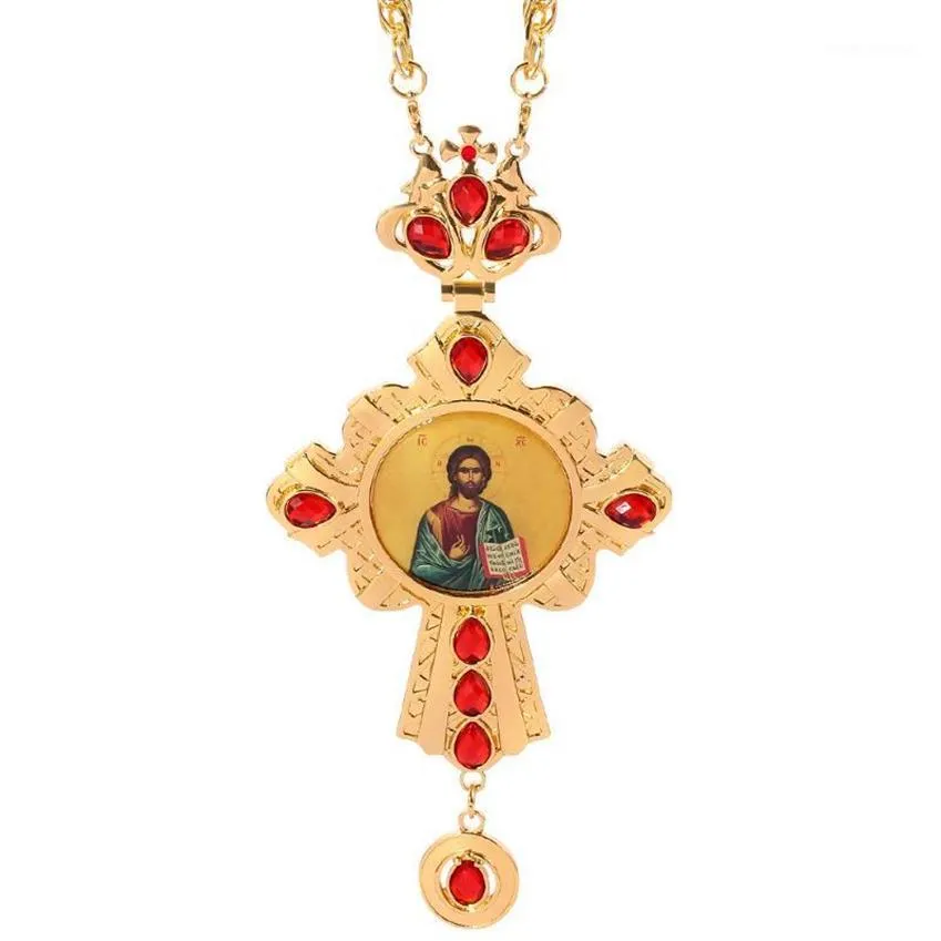 Pendant Necklaces Cross Necklace Zircons Crystals Christian Church Golden Priest Crucifix Orthodox Baptism Gift Religious Icons Pe206u