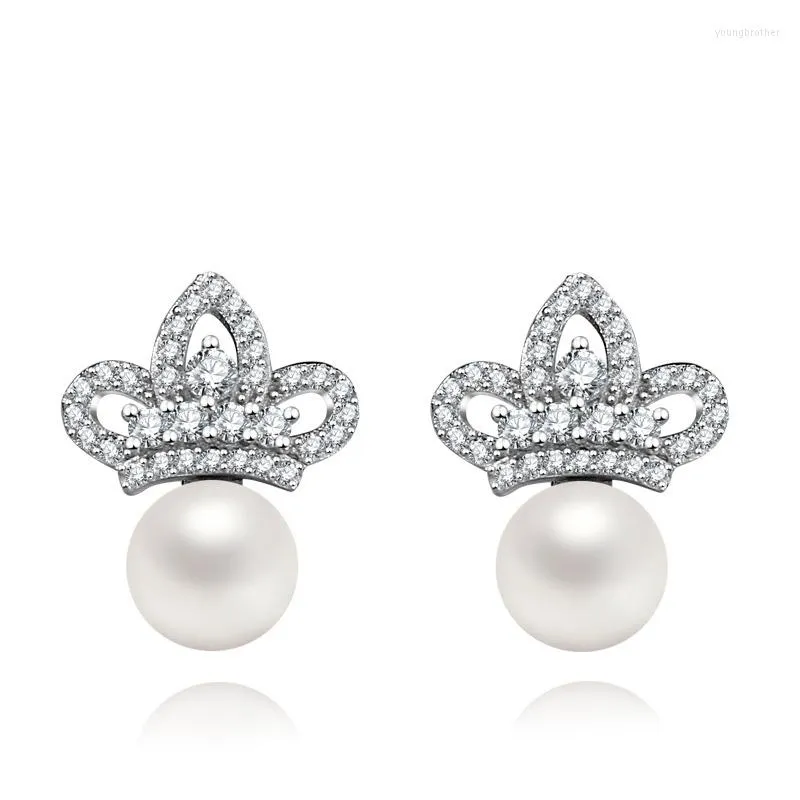 Stud -oorbellen Authentiek 925 Sterling Silver Earring Simple Crown Pearl Vol kristal voor vrouwen Girl Wedding Party Sieraden Gift