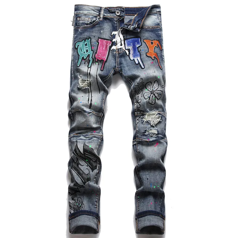 Men's Jeans Men'S Jeans Printing Trousers For Men Streetwear Ripped Denim Pants Trend Brand Casual Solid Biker Destroyed Hole Slim Scratched 220929