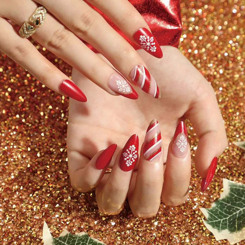 Christmas Coffin Nails 24Pcs Press On Nails Long Ballerina Reusable False Nails