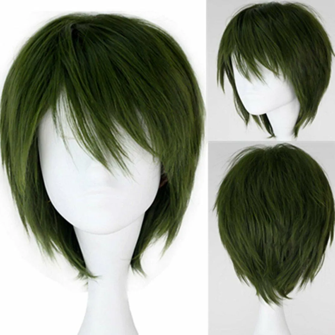 Peluca de disfraz de cosplay recta corta para hombre Fiesta de cosplay de anime verde oscuro