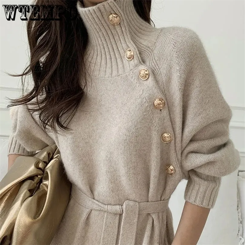 Blusas de suéteres femininos Designer de luxo Turtle Sweater de inverno de inverno Long tricô de faixa de costela cinturão elegante Mulheres coreanas suéter atacado 220929