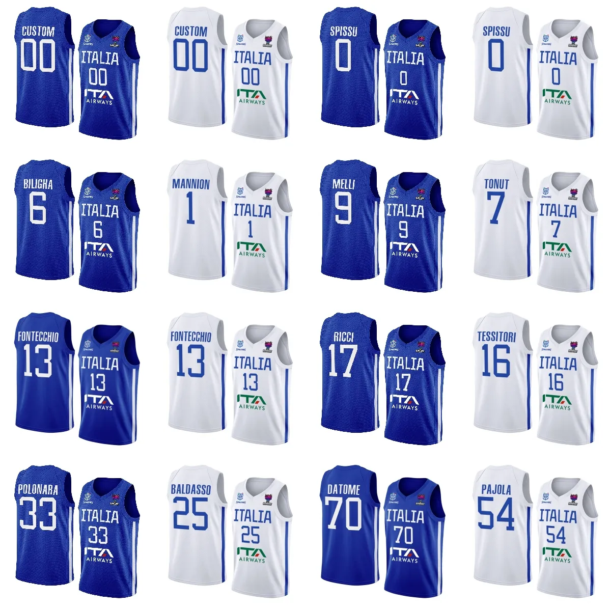 مخصصة إيطاليا المطبوعة Eurobasket كرة السلة قمصان 2022 Blue Home White Away 13 Simone Fontecchio Marco Spissu 1 Nicolo Mannion 6 Paul Biligha 7 Stefano Tonut Jersey