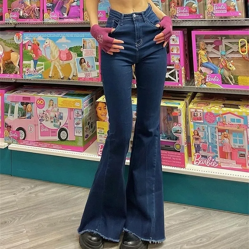 Kvinnor Jeans Weekeep Women Streetwear Boot Cut Flare High midja Solid Skinny Denim Pants Summer Casual Blue Korean Fashion Capris 220928