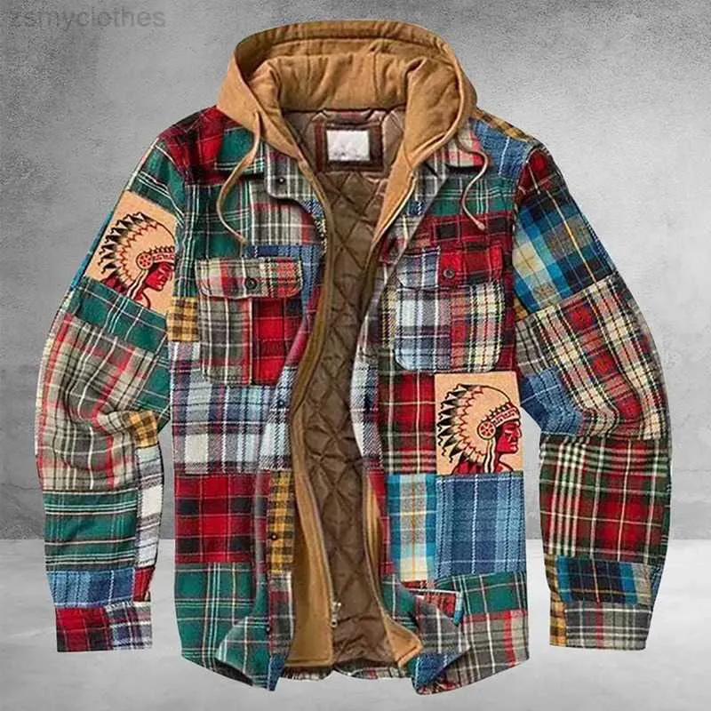 Men' Jackets Retro Vintag Winter Long Sleeve Plaid Shirt Jacket For Men Checked Jacket Overcoat Hooded Pocket Jacket Coat