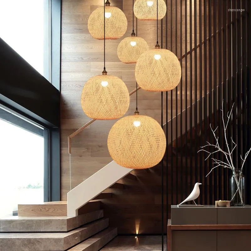 Подвесные лампы ресторан фонарь люстр легкий бамбук для лампы чайная комната Zen Лестница высокая гостиная салон красавица