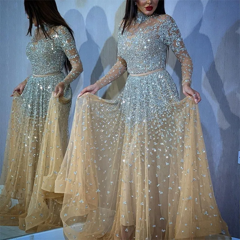 Женские 2022 платья с длинным рукавом высокий шейный позолоченное вечернее платье сексуальное женское элегантное свадебное платье одежда одежда для женщин