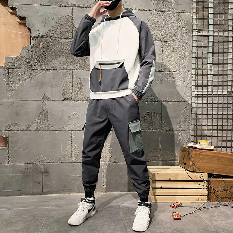 Herrspåriga Hiphop Suit Male Set Track Suits Sweatsuit Man Tracksuit Mens Set Pant Zipper Pockets Outwear PC Jacket Pants Set Ny G220928