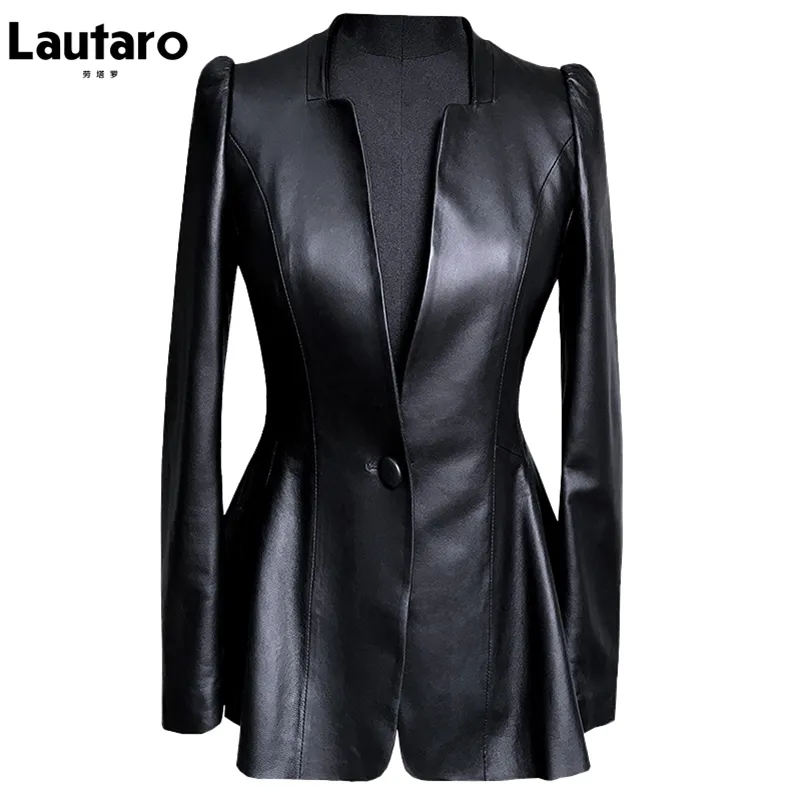 Kvinnors läder faux lautaro höst svart smal mjuk pu jacka kvinnor djupt v hals lång puff ärm elegant lyx kjolta blazer mode 220928