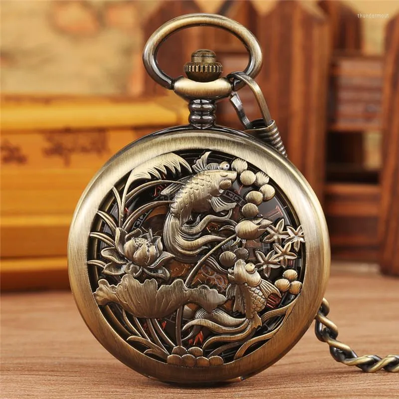 Pocket Watches Bronze Silver Hollow Out Fishes Case Unisex Handwinding Mechanical Watch Pendant Chain Clock Roman Number Dial Reloj Gift
