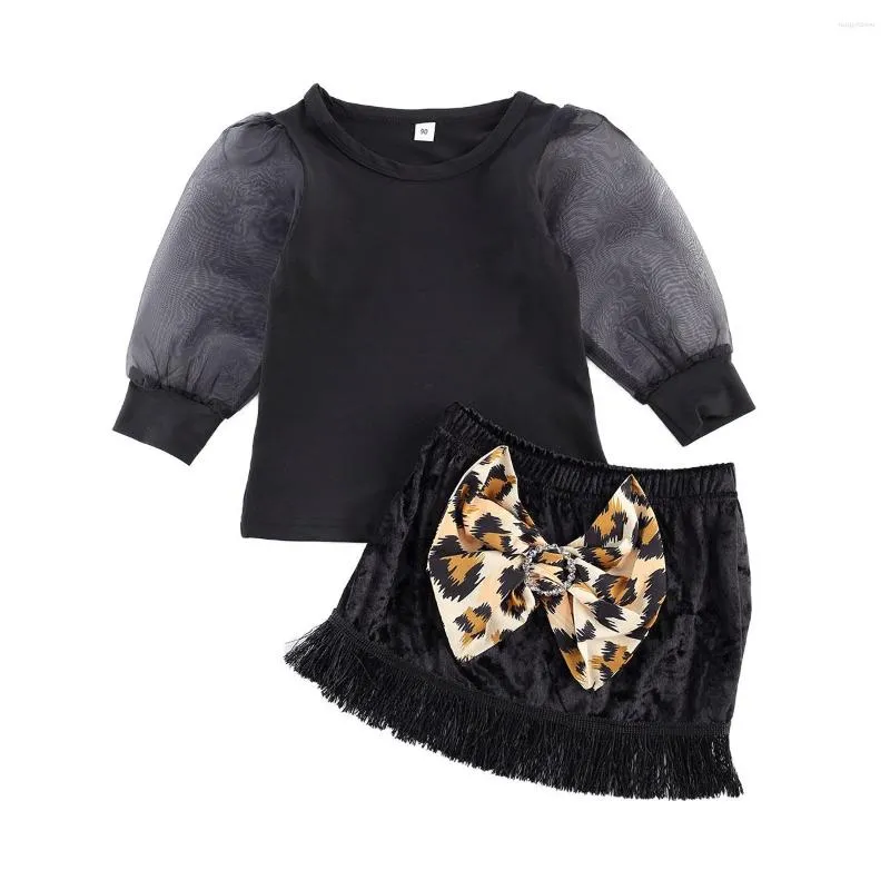 Kl￤der s￤tter 2 stycken Baby Girls Kids Set Set Solid Color Round Neck Mesh l￥ng￤rmad toppskjorta Leopard Bowknot kjol svart