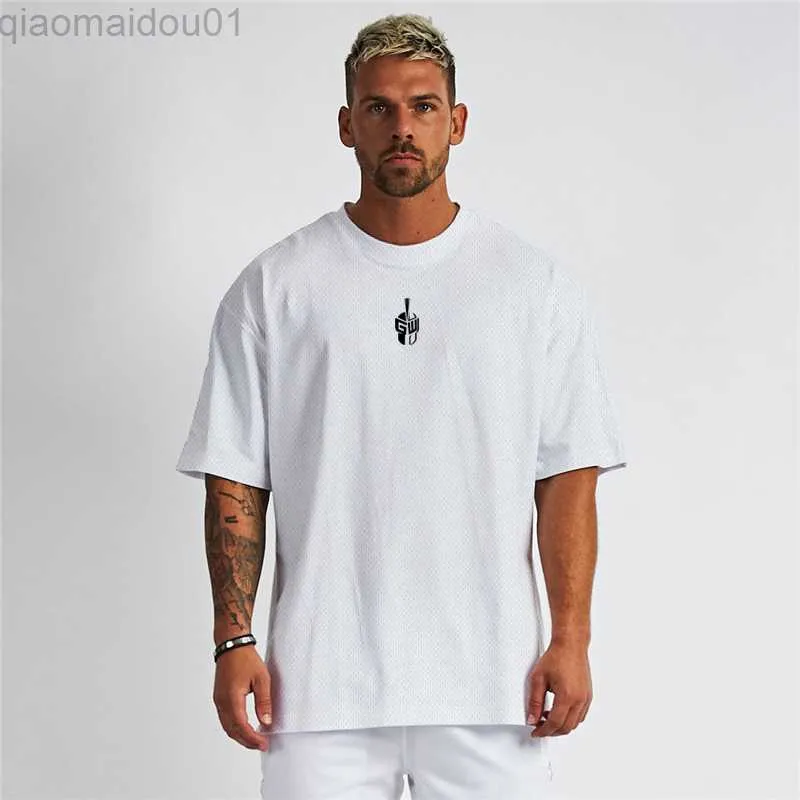 T-shirt maschile per la spalla caduta di grandi dimensioni Magliette per fitness per manica da uomo estate in palestra sciolta top tees l220929