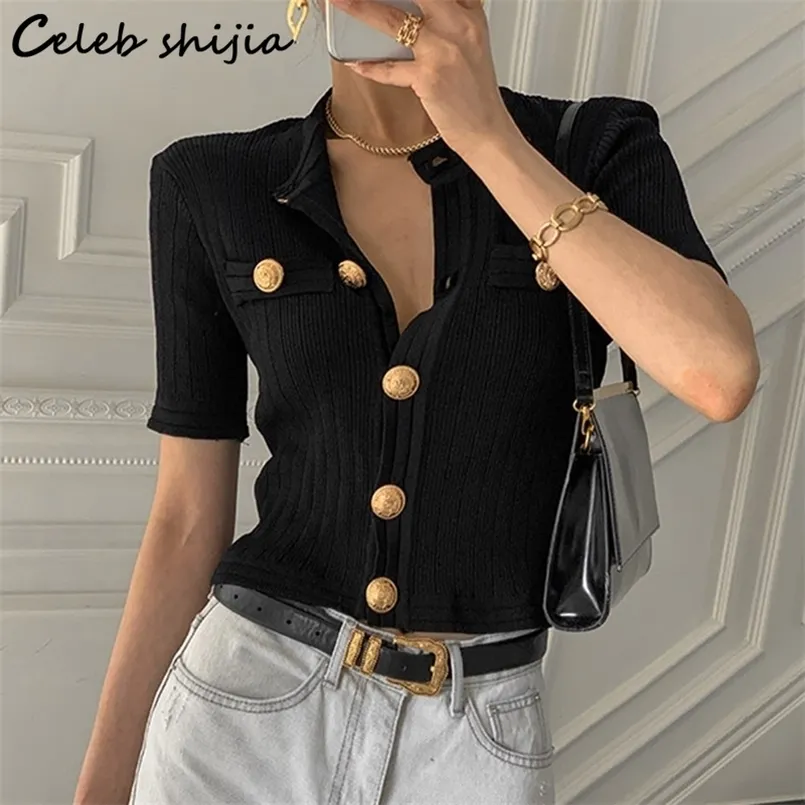 Women's Knits Tees Golden Button Sweater Woman Fall Short-sleeve Elegant Runway Knit Cropped Cardigan Women Korean Single Breasted Coat 220929