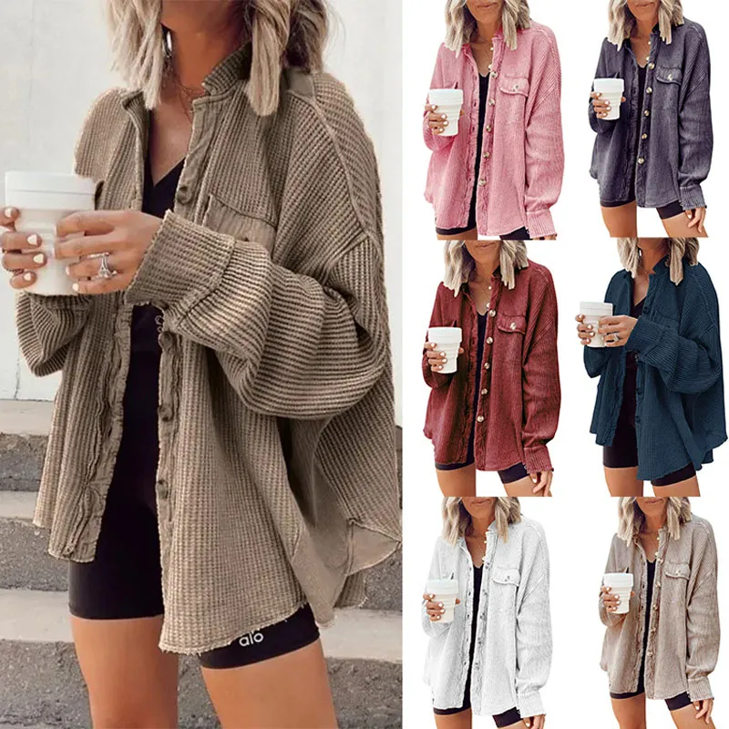 Damen-Shacket mit Waffelmuster, Boyfriend-Hemd, Jacke, Button-Down-Bluse, lockere Passform, Langarm-Oberteile