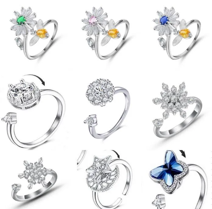 불안 밴드 링 Fidget Spinner Rings for Women Iced Out Butterfly Flower 블루 아이 큐빅 지르코니아 패션 회전 자유롭게 회전 안티 스트레스 링