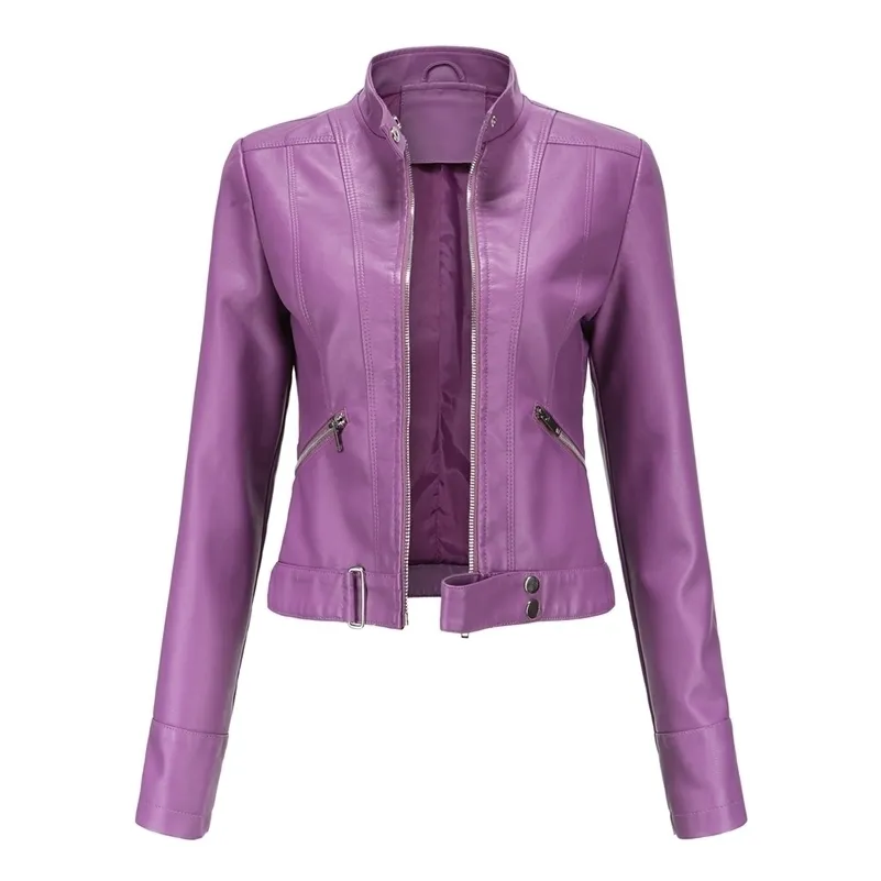 Giacca da donna in pelle sintetica moda Donna Moto Biker Motocicletta Cappotto femminile Viola Nero Caffè Rosso Autunno Primavera Veste Cuir Femme 220928