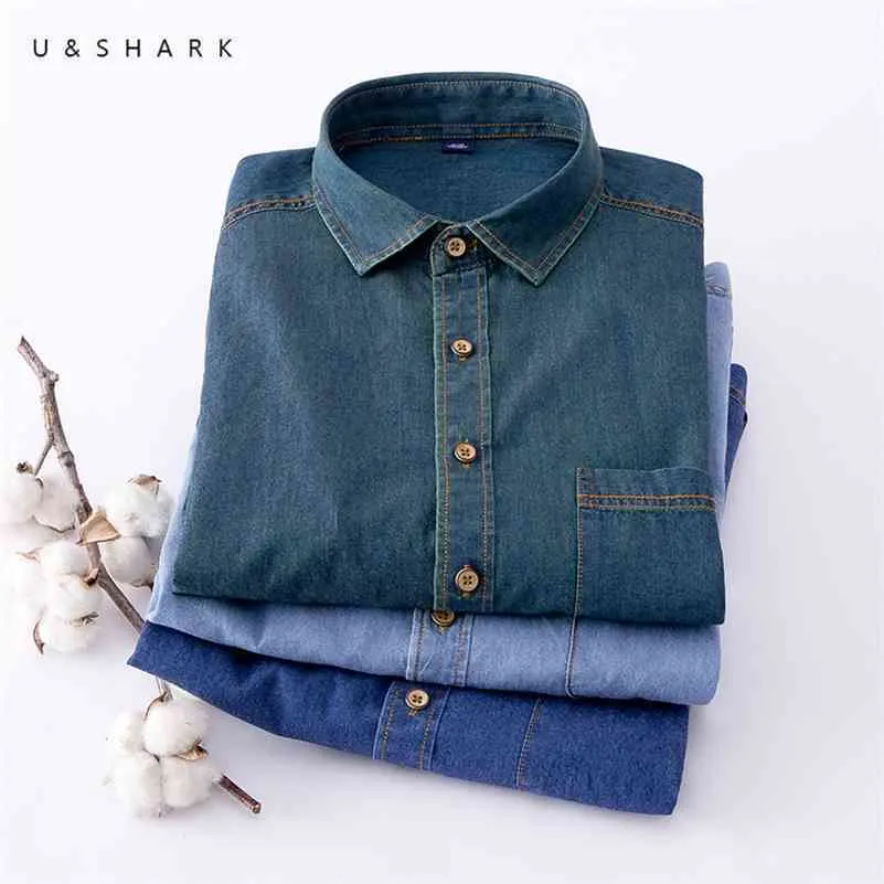 USHARK Camicia di jeans blu per uomo Camicie da cowboy casual Camicia vintage a maniche lunghe in cotone Abbigliamento maschile Moda elegante Chambray 210706