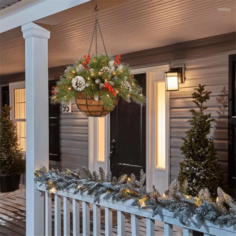 クリスマスの装飾混合と白いLEDライトで群がる人工吊りバスケット飾りクリスマスの装飾