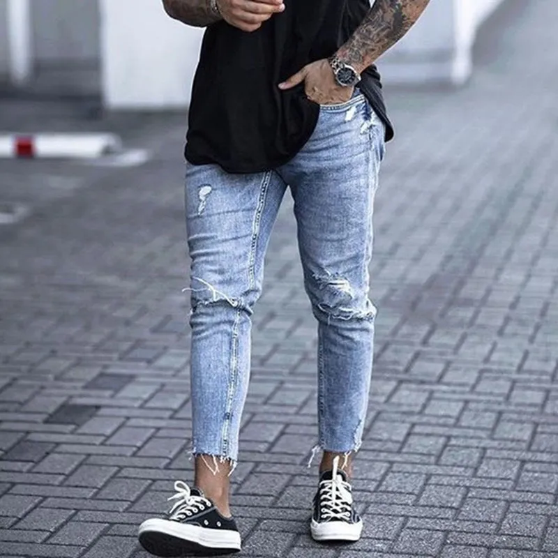 Herenjeans Casual skinny jeans enkellengte gescheurde denim broek zipper vlieg mannen kleding gesneden bodem potlood pantel licht blauwe cowboys streetwear 220929