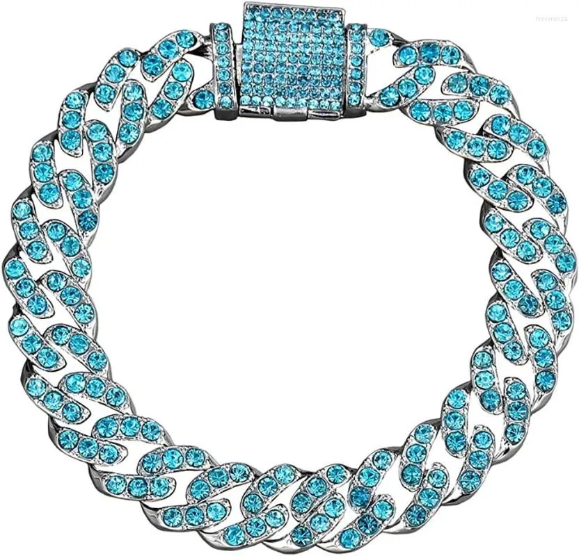 Link Bracelets 11mm Blue Miami Curb Cuban Chain Iced Out Cubic Zircon Paved Gold Plated Full CZ Diamond Hip Hop Bracelet For Men Women