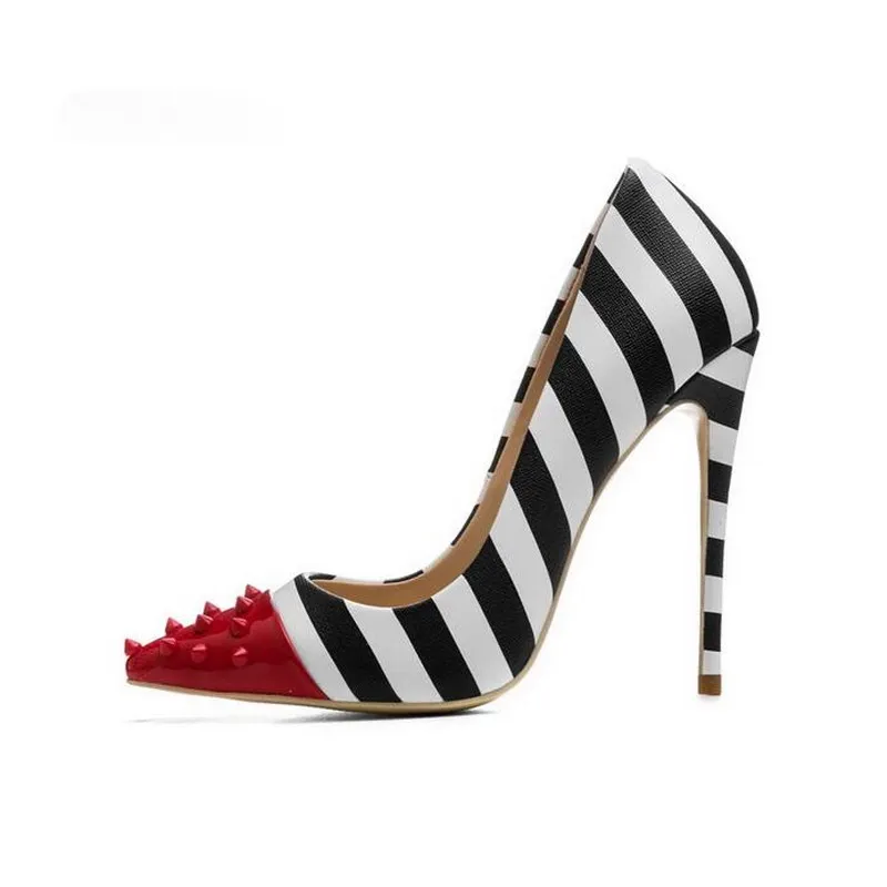 Zebra Scarpe con fondo rosso Moda Rivetti rossi Décolleté con punta a punta Décolleté da donna Tacchi alti Scarpe da sposa con tacco a spillo Strisce bianche nere con tacco a spillo da 12 cm Marca