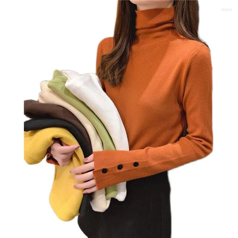 女性用セーター女性タートルネック女性セーターファッションボタンニットジャンパースリムソフトソフトプルオーバー長袖冬の暖かい