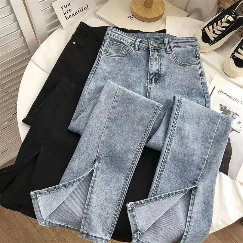 Kvinnor Jeans Spring High midja Slits Flare Design Fashion Solid Boot Cut Denim Trousers Female Skinny Sexy Pants 220928