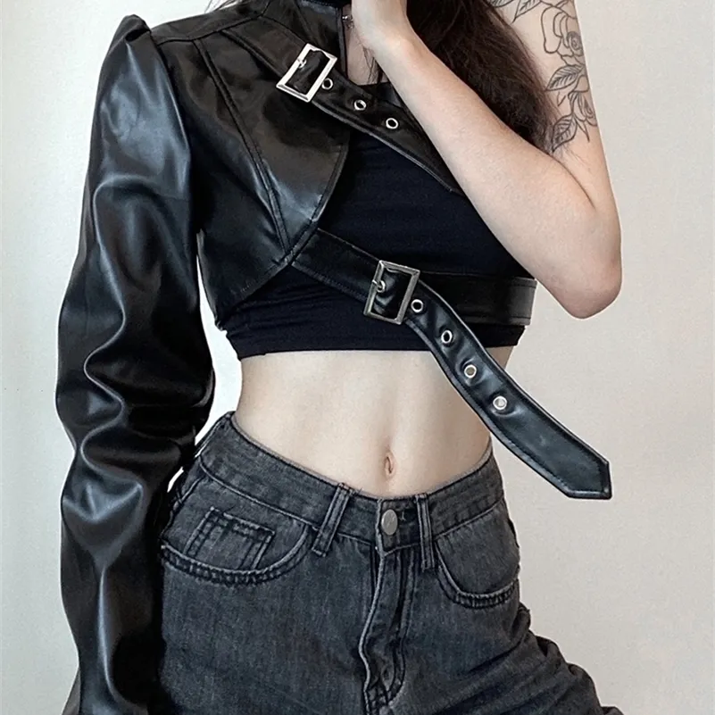 Kadın Deri Sahte Weeing Gotik Siyah Pu Ceket Kadın Bir Omuz Yular Toka Hip Hop Kıyafetleri Moda Sokak Giyseni Kırpılmış Ceketler Solid 220928