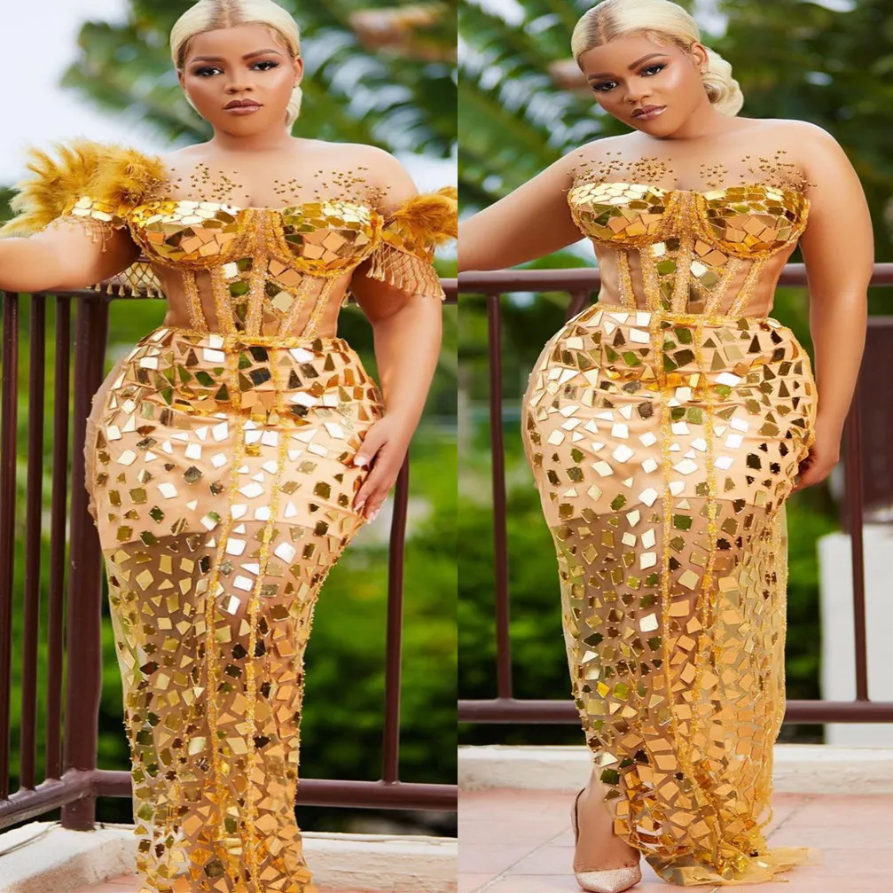 2022 아랍어 ASO EBI Gold Sheath Prom Dresses Beaded Crystals 저녁 공식 파티 두 번째 리셉션 생일 약혼 가운 드레스 ZJ114