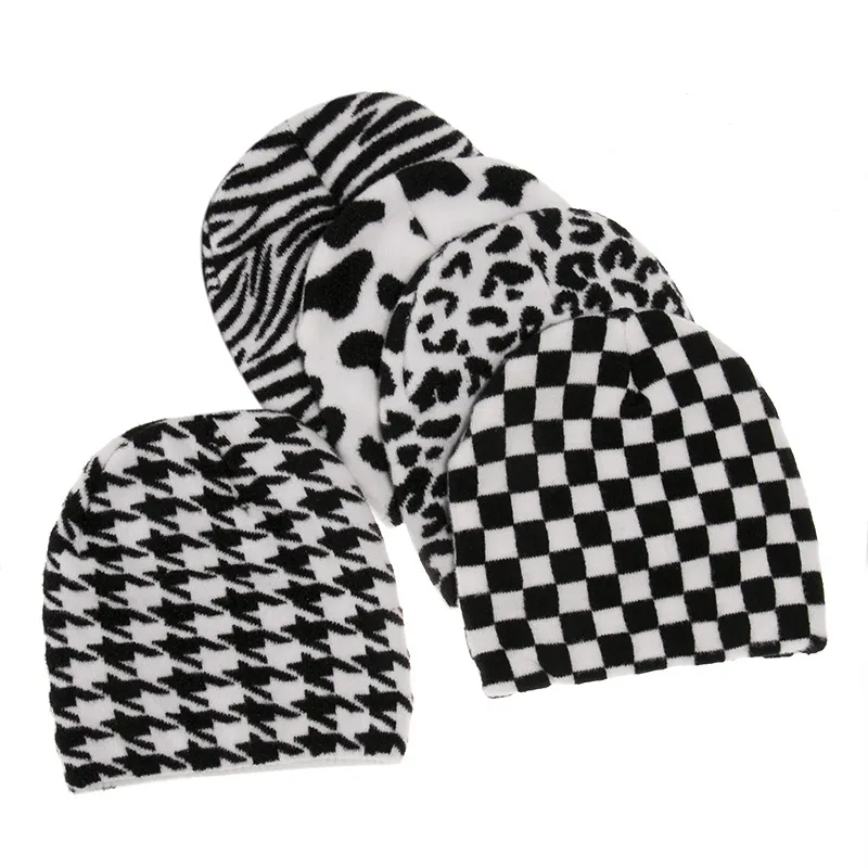 Striped Knit Hats Pullover Beanie Autumn Winter Headband Set Warm Black and White Elements Cow Wool Hat