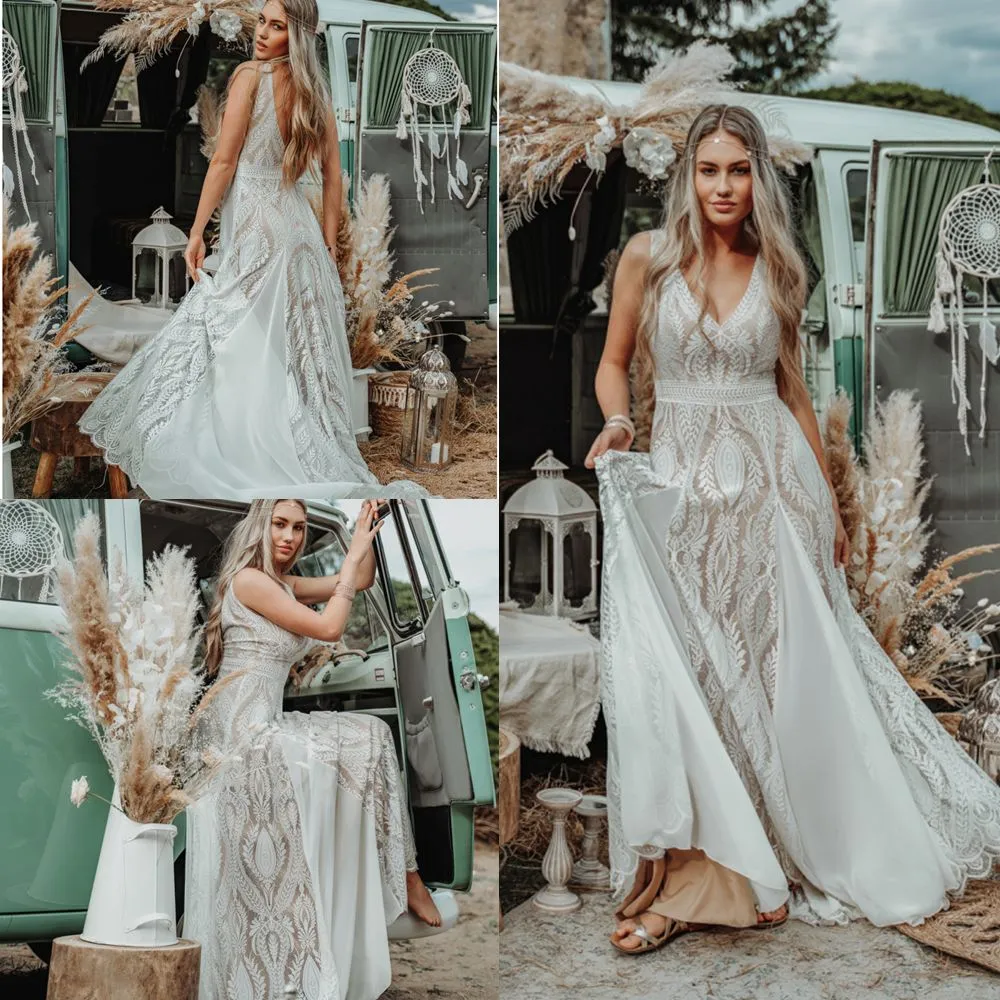 Muhteşem Boho Gelinlik Gelin Gown Sleeless Dantel Şifon V Boyun Plus Boyut Özel Yapımı Vestido De Novia Zemin Uzunluğu 403 Estido Estido Estido Estido