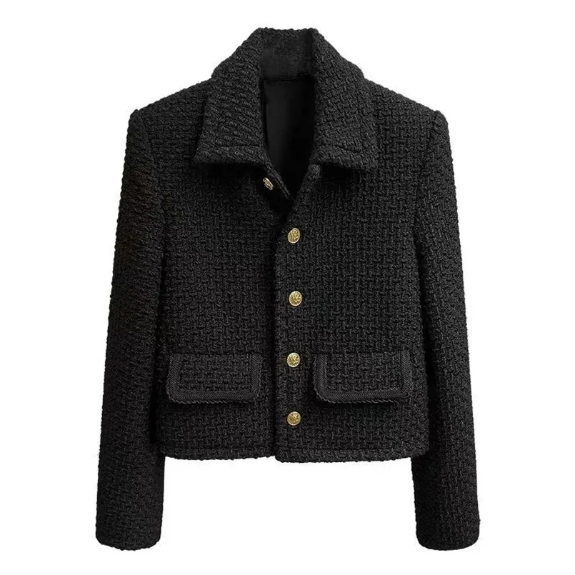 Jaquetas femininas preto vintage lapela cortada tweed jaqueta mulheres moda coreana único breasted mistura casaco elegante design de luxo curto outerwear 220929