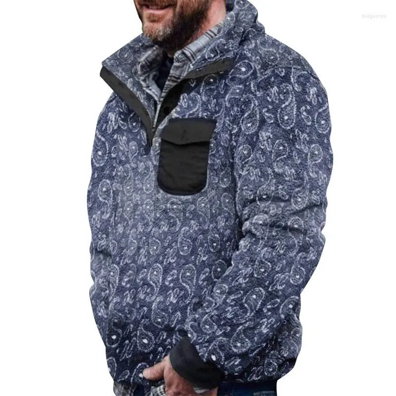 メンズフーディーズメンズスウェットシャツ冬フリースプルオーバースウェットシャツジャケットボタン襟暖かいセーターコートヒョウ柄のプリント男