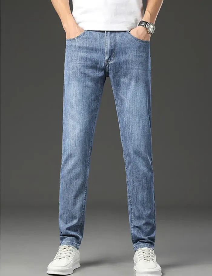 Мужские растягивающие джинсовые джинсы / инструкции по уходу машины или профессиональная сухая чистая