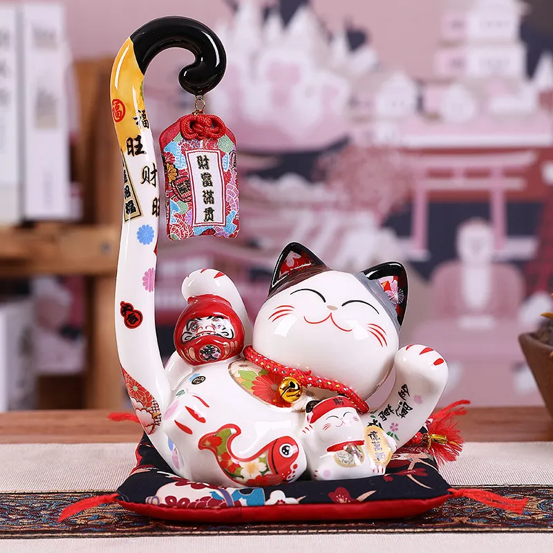 Good Luck Cat Figurine: 8.6 Inch Ceramic Fortune Cat Coin Bank