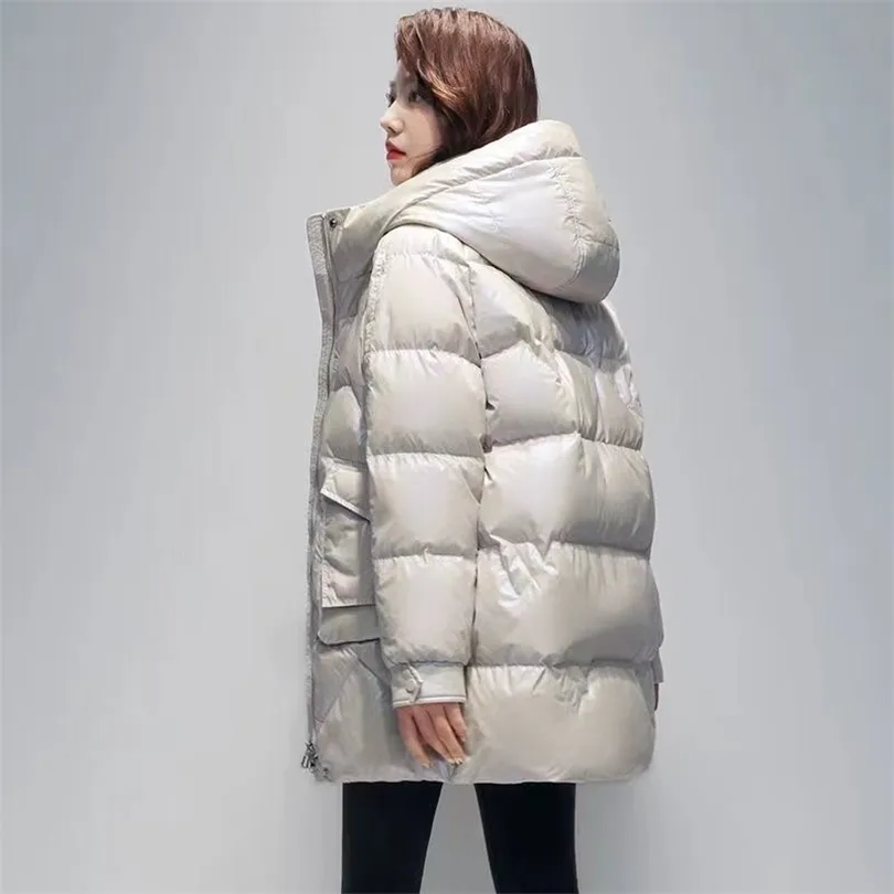 Kvinnor ner parkas huva midlängd bomull vadderad kappa kvinnor lösa varmt tjockare parka fluffig överrock snö slitage casual fasta outwear t113 220929