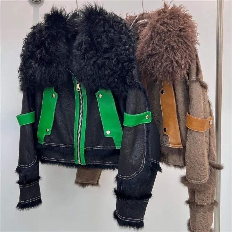 Womens Fur Faux Winter Genuine Coat Donna Double Face Coniglio Giacca Moda Colletto in lana Risvolto Moto Biker Style Y3067 220929