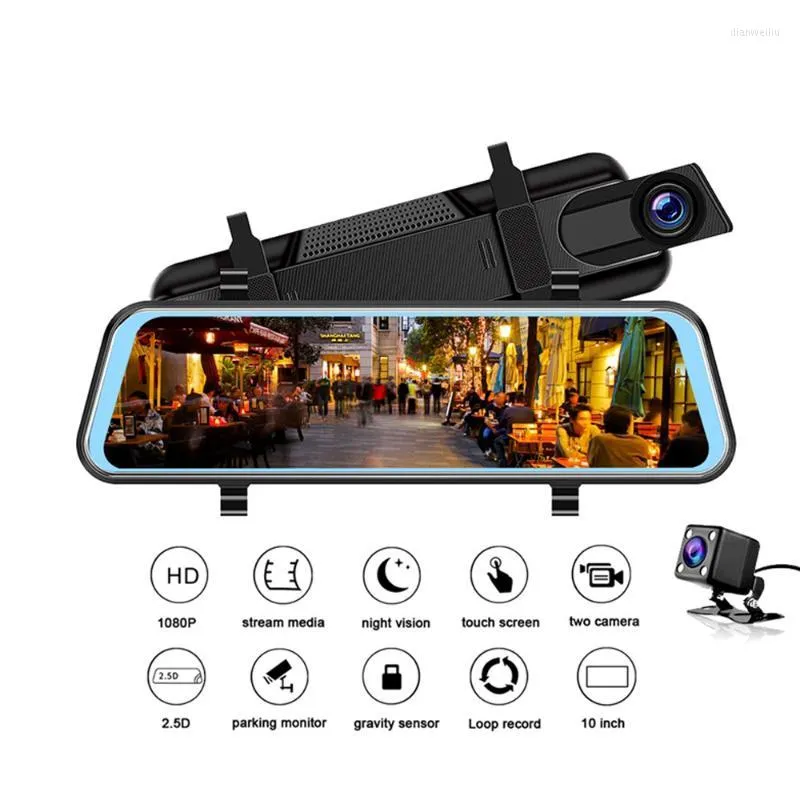 Caméras de recul de voiture Caméras Capteurs de stationnement Écran tactile OLPAY 1080P DVR 10 pouces Stream Media Dash Caméra Enregistreur vidéo à double objectif