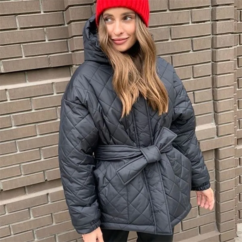 Kvinnor Down Parkas CP Casual Loose Arylle Hooded Parkas Women Fashion Solid Thick Short Coats Women Elegant Tie Belt Bomull Jackor Kvinnliga damer 220929