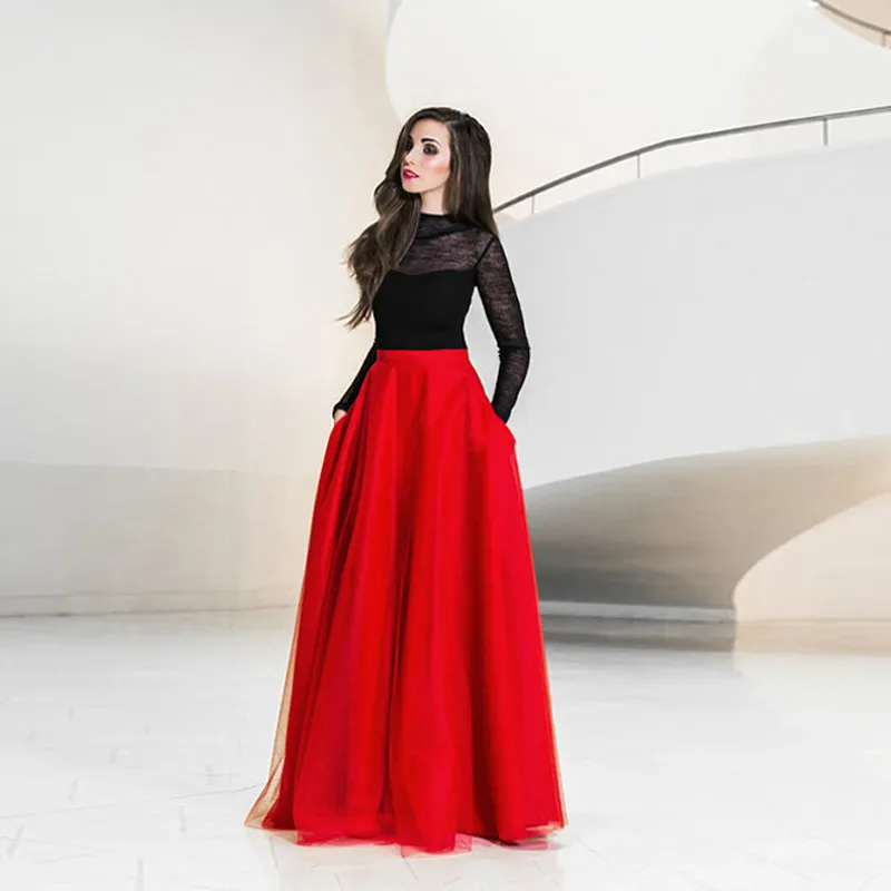 Eleganter Maxi-Tüllrock mit Taschen, hohe Taille, bodenlang, rot, lange Röcke für Damen, Tutu, formeller Abschlussball, Partyrock, nach Maß T5190615