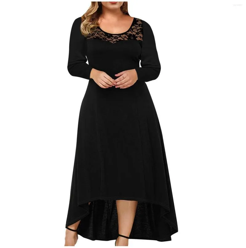 Plus Size Dresses Women Casual Solid Lace Dress Sexy O Neck Loose Long Sleeve Irregular Stitching Elegant Formal