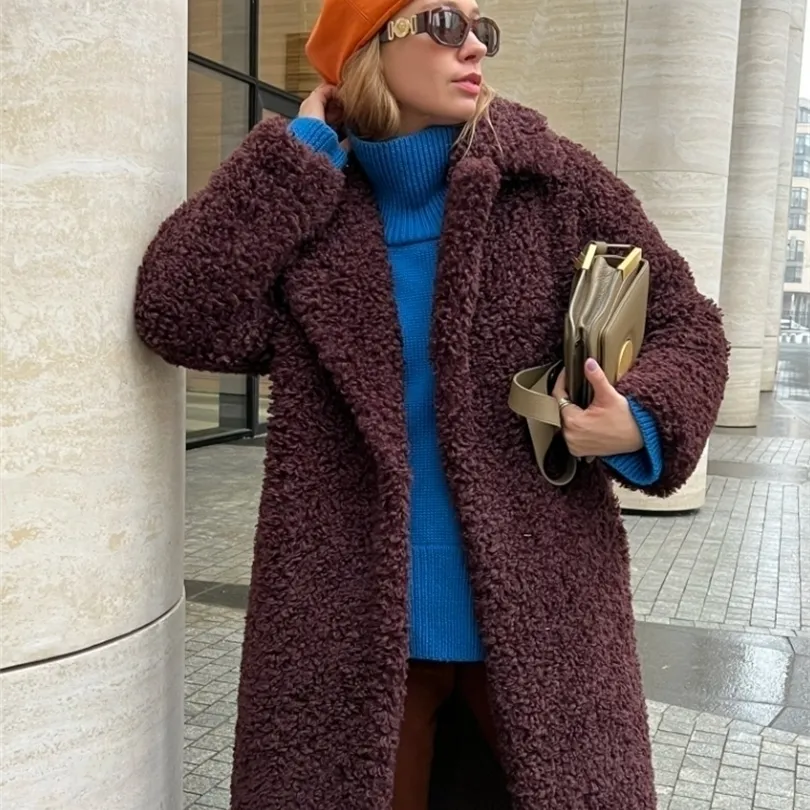 Женская меховая мех RR1462 Eco Fur Pload с воротником зимним пальто женская искусственная куртка альпака плюшевая женская коричневые куртки с теплым ремнем 220929