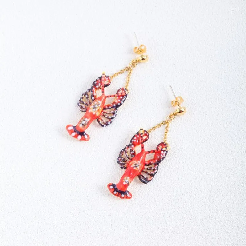 Stud-oorbellen Europese en Amerikaanse sieraden Mode Handgeschilderde glazuur Glazuur Red Lobster Persoonlijkheid Creatieve goudketen