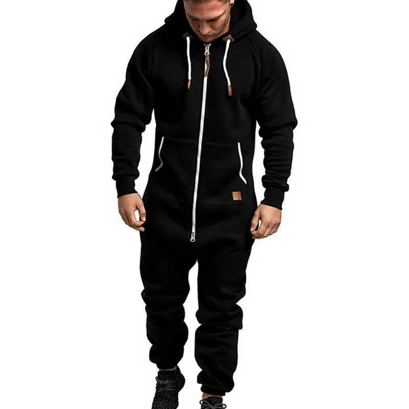 Träningsoveraller för män Herr Onesie Jumpsuit Pyjamas Långärmade träningsbyxor Ren färg Skarvning Höst Vinter Casual Hoodie Man Dragkedja Jumpsuit Tyg G220927